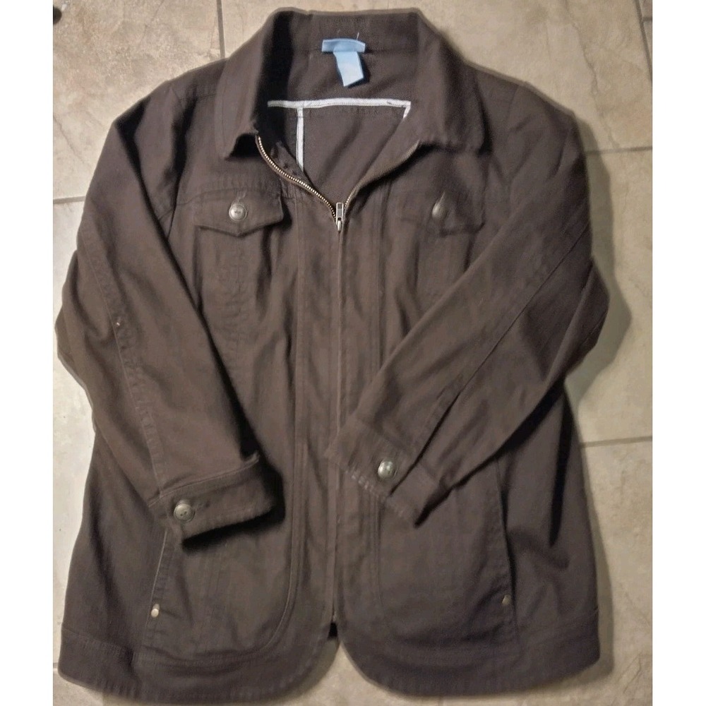 Liz & Me Women's Brown Utility Jacket 0X 16W Cotton Zip Front Casual